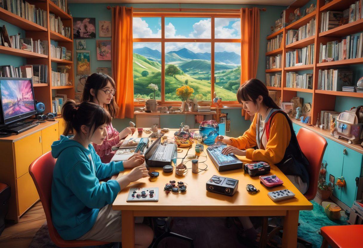 A vibrant, surreal landscape depicting a diverse group of people engaged in various geeky activities, such as gaming and anime watching, with vivid elements of hentai art subtly integrated into the scenery. Include characters expressing curiosity and joy, surrounded by iconic geek symbols like controllers and manga books, mixed with striking taboo elements that challenge convention. The atmosphere should feel playful and thought-provoking, incorporating bright colors and whimsical designs. super-realistic. vibrant colors. dynamic composition.