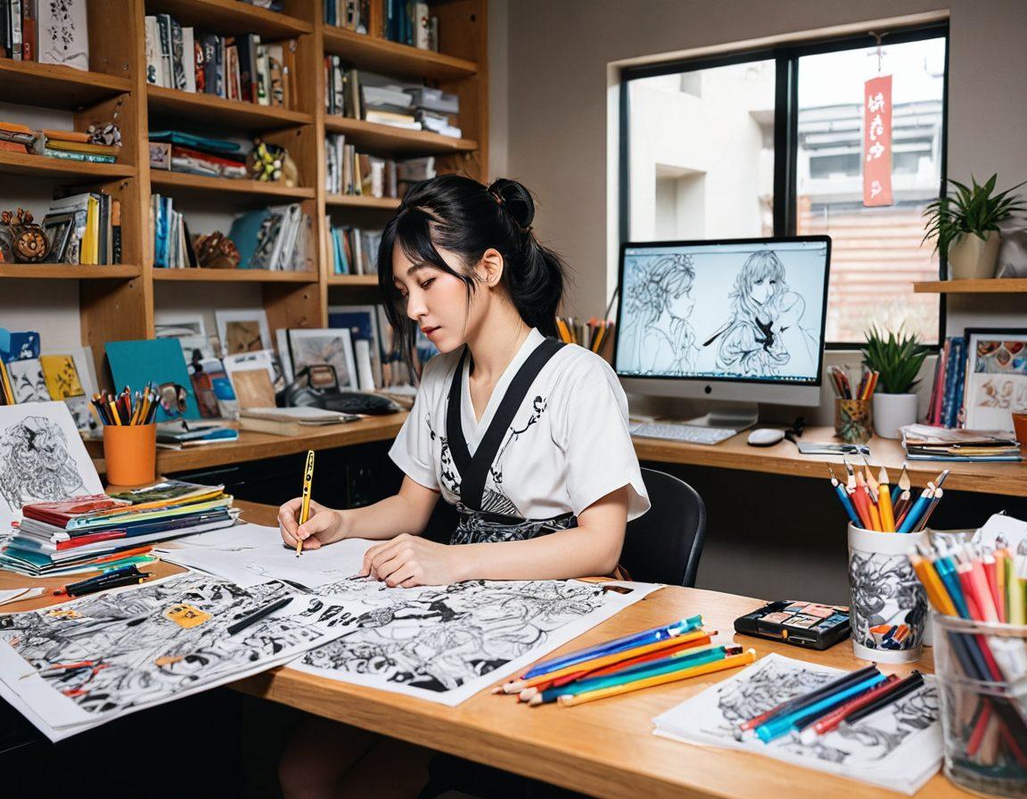 A dynamic split image showcasing a manga artist sketching on one side with vibrant colors and intricate details, transitioning into a lively animated scene on the other side featuring adult anime characters in an expressive and bold style. The background reflects a blend of traditional Japanese art and modern digital aesthetics, symbolizing the journey from static to motion. This composition should be enticing and visually stimulating, capturing the essence of erotic art evolution. super-realistic. vibrant colors. dynamic composition.