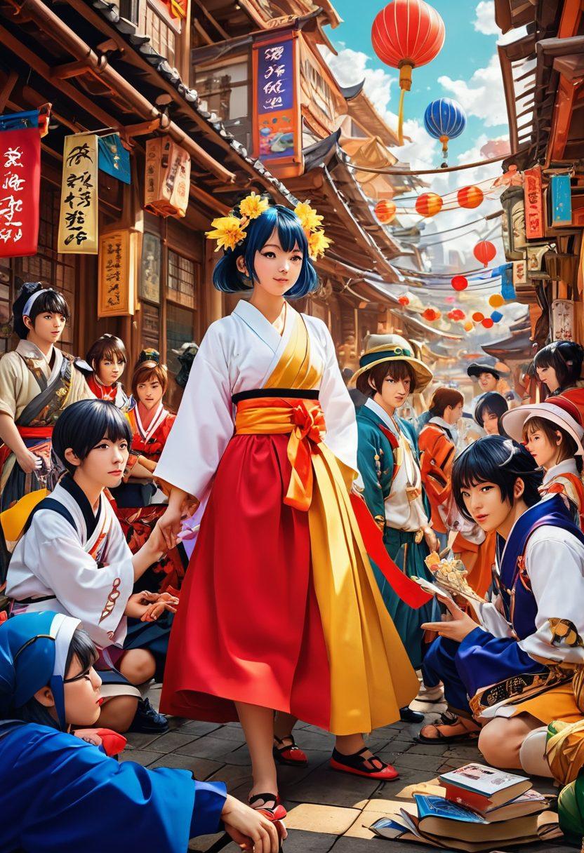 A captivating illustration showcasing a diverse group of anime characters engaged in playful, whimsical scenarios, highlighting the vibrant styles of hentai art. The setting is a colorful, bustling convention atmosphere filled with fans in cosplay, emphasizing Japanese geek culture. Include iconic elements like manga books and themed merchandise to enhance the cultural context. The image should evoke a sense of curiosity and exploration, with a blend of fantasy and allure. vibrant colors. super-realistic.